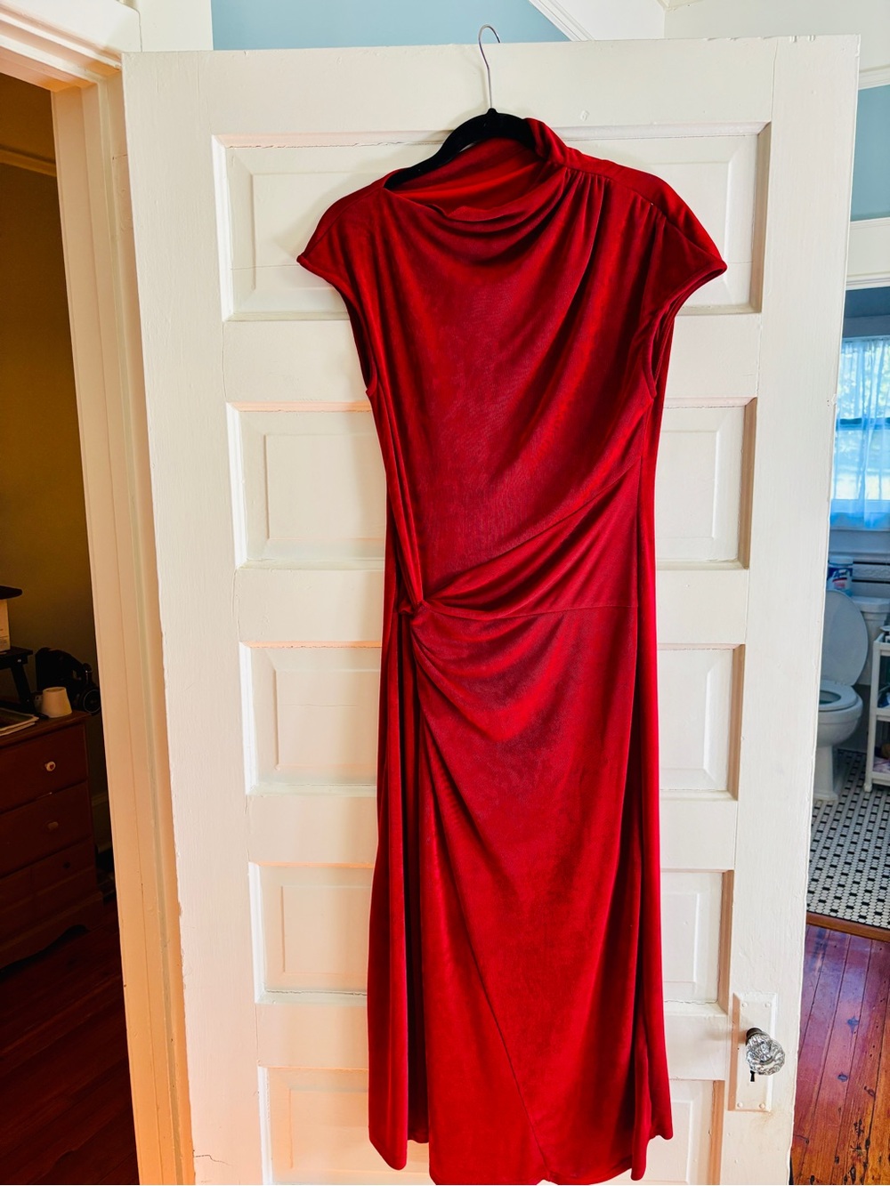 Cider Red Ruched Midi Dress XL | Stretchy Bodycon Draped Cocktail Dress